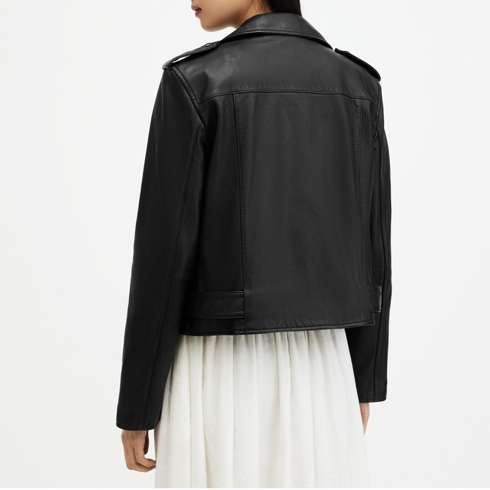 All Saints Black Balfern Belted Hem Leather Biker Jacket Size 2 - Picture 8 of 13